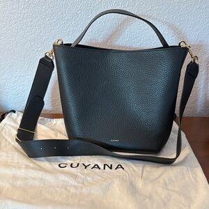 Cuyana Black Leather Bucket Shoulder Bag with Gold Hardware